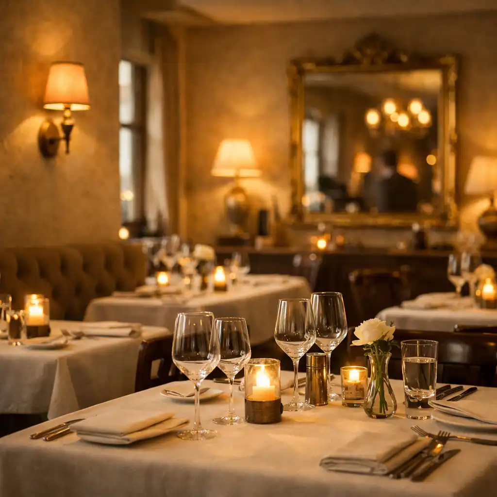 Ambiance chaleureuse avec lumière tamisée dans un restaurant élégant