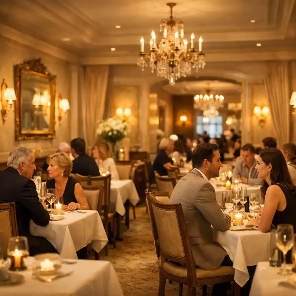 Intérieur élégant d'un restaurant français avec ambiance chaleureuse