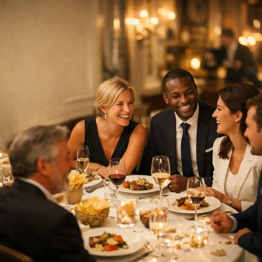 Dîner d'entreprise élégant dans un restaurant français avec convives échangeant autour d'une table raffinée
