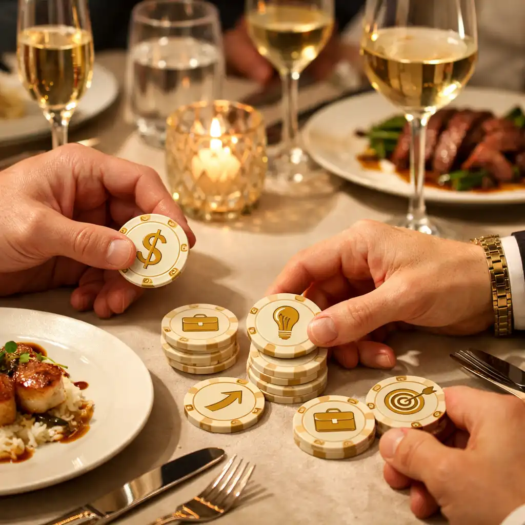 Table raffinée avec plats gastronomiques et interactions autour de jetons symboliques