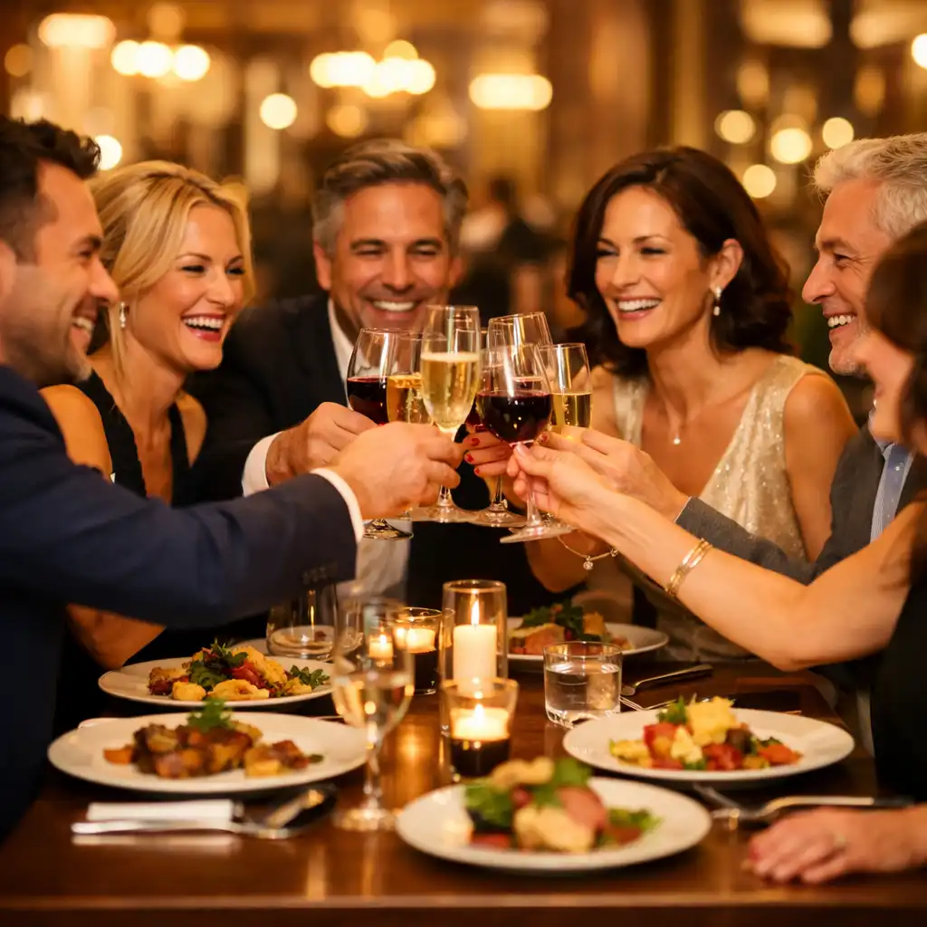 Groupe levant des verres dans un restaurant