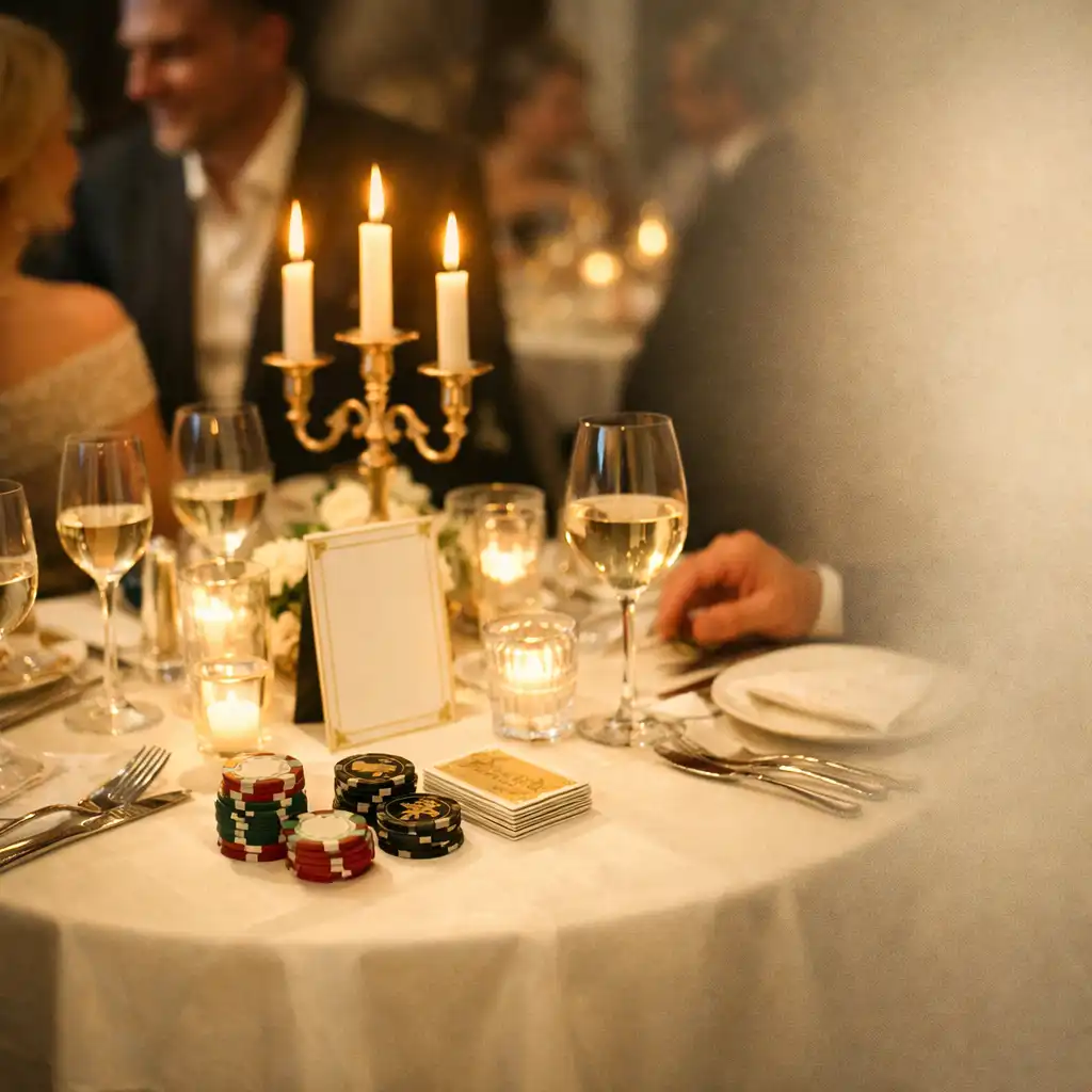 Table élégante lors d’une soirée conviviale avec lumière chaude et jetons symboliques